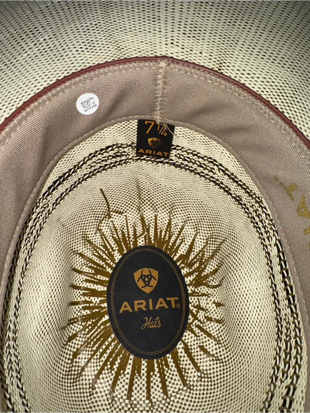 Ariat Cream Straw Hat with Brown Trim and Gold Logo